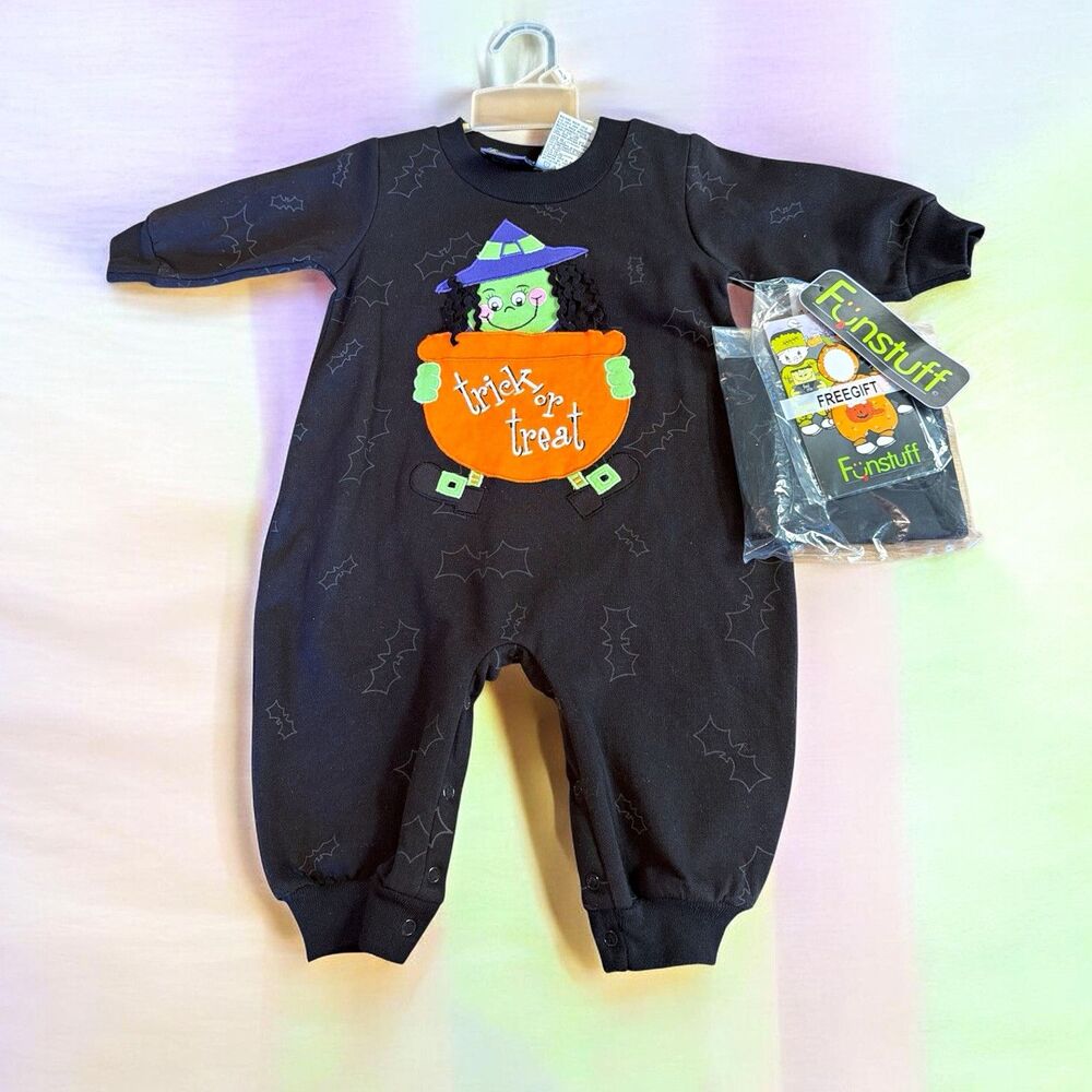 Funstuff Baby Halloween Witch Footless Coverall 9-12M Bats Long Sleeve Snap